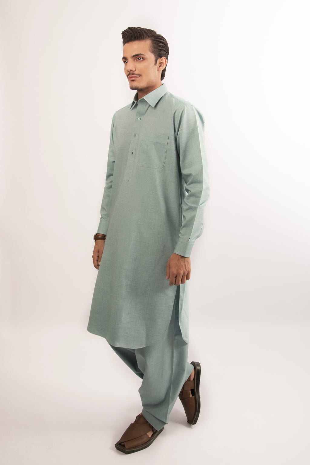 Mint Green Blended Shalwar Kameez with Shirt Collar