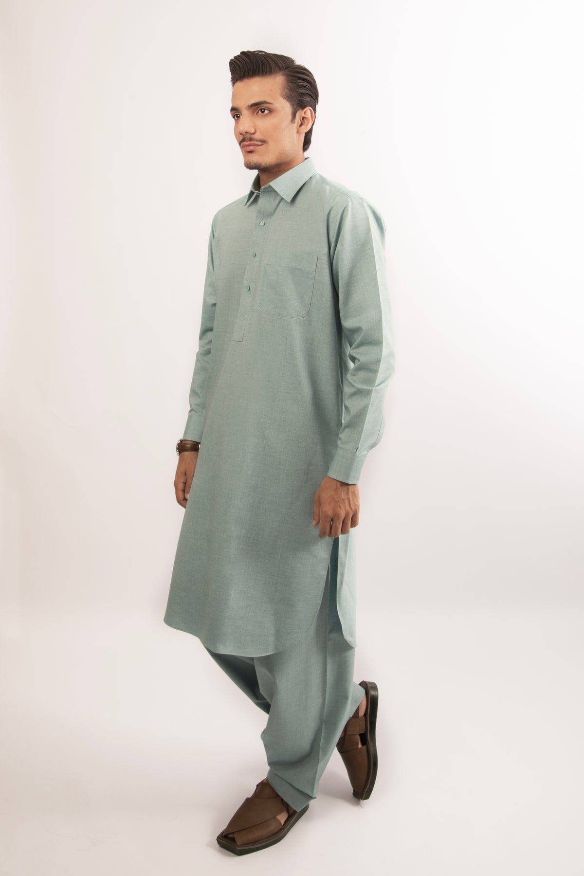 Mint Green Blended Shalwar Kameez with Shirt Collar