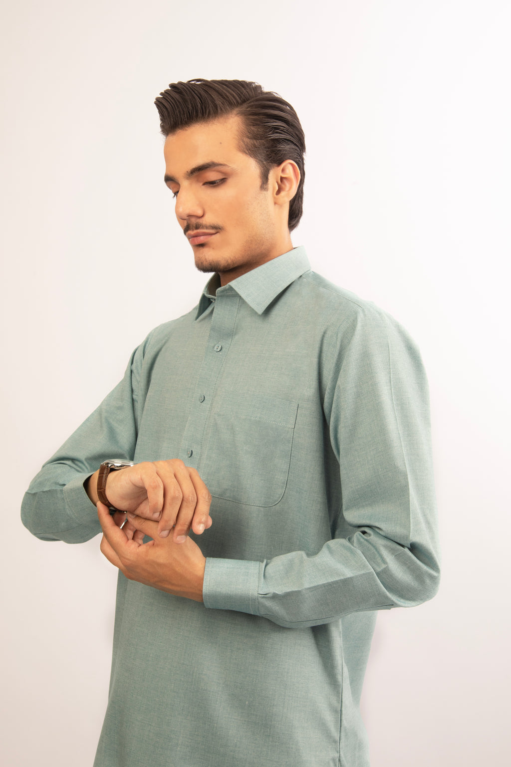 Mint Green Blended Shalwar Kameez with Shirt Collar