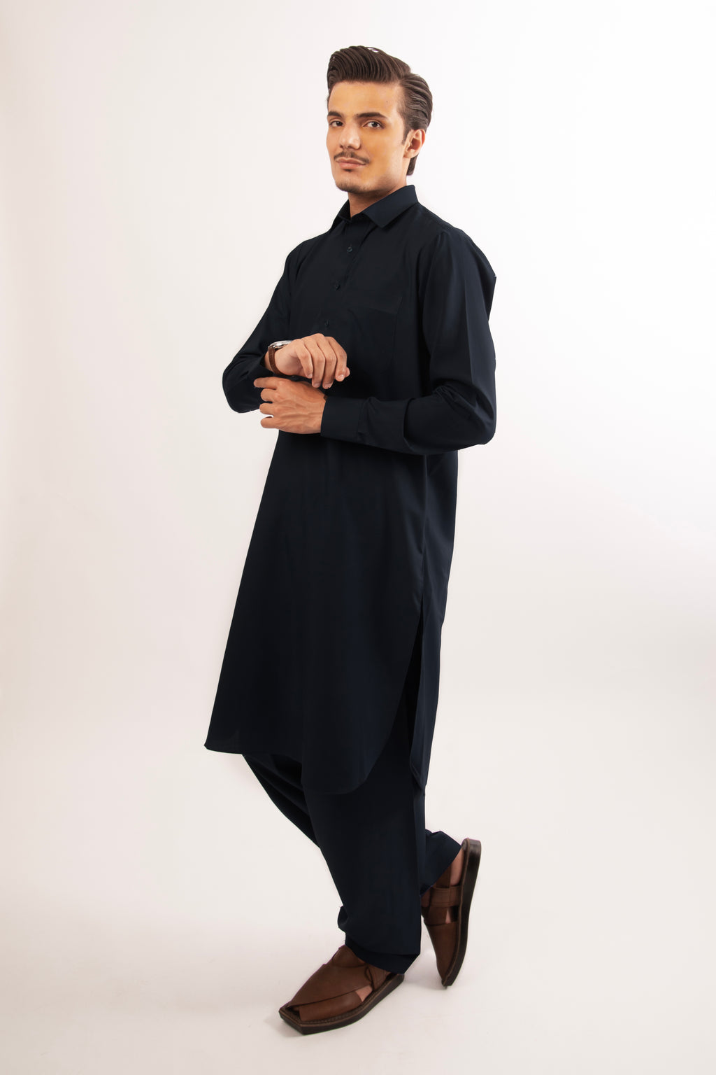 Deep Blue Blended Shalwar Kameez with Shirt Collar