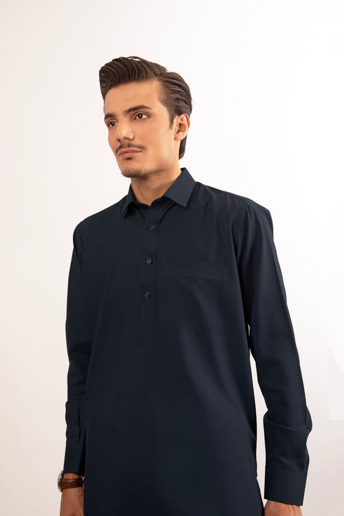 Deep Blue Blended Shalwar Kameez with Shirt Collar
