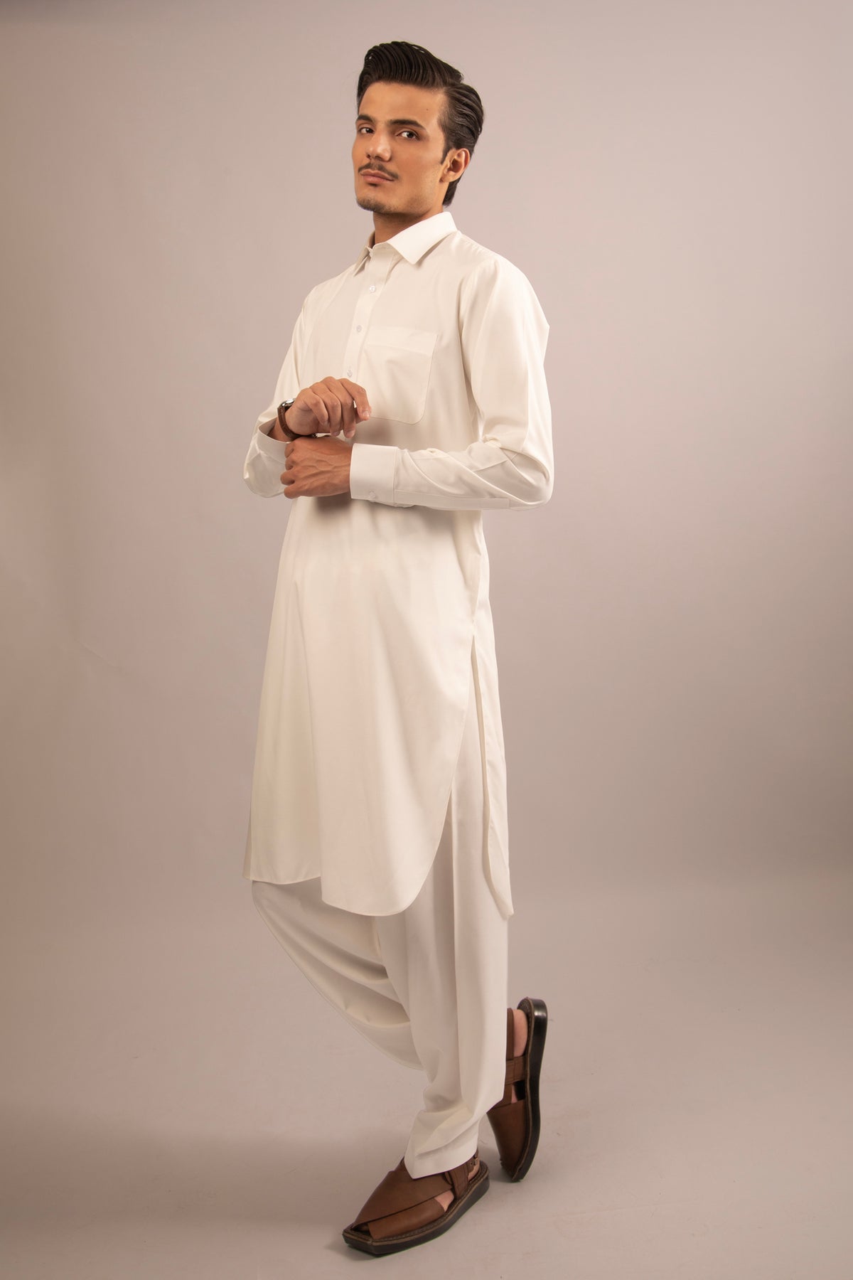 White Blended Shalwar Kameez with Shirt Collat