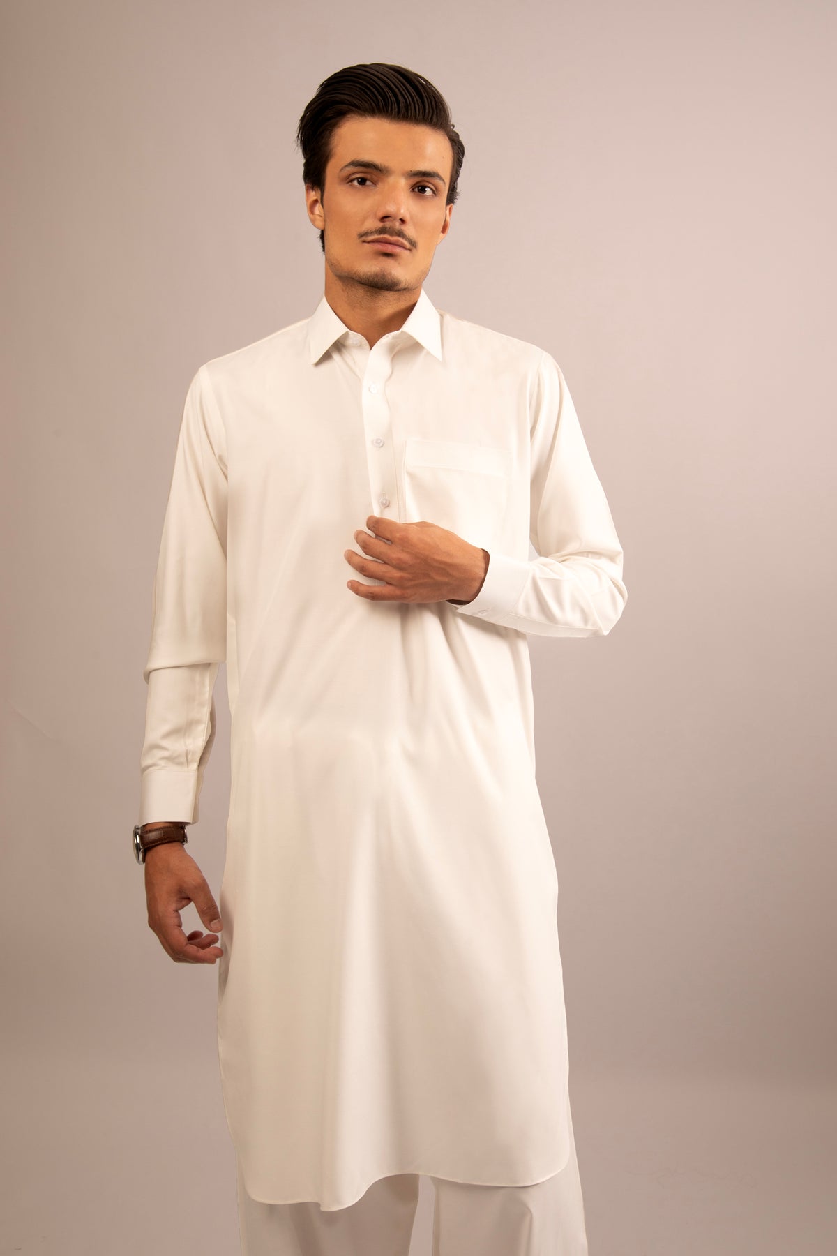White Blended Shalwar Kameez with Shirt Collat