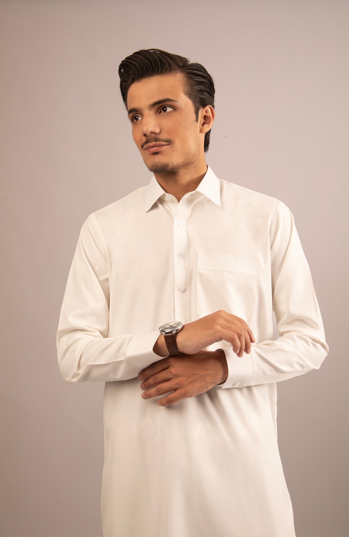 White Blended Shalwar Kameez with Shirt Collat