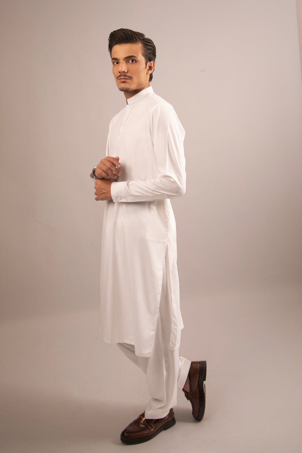 White Blended Shalwar Kameez with Patti Collar