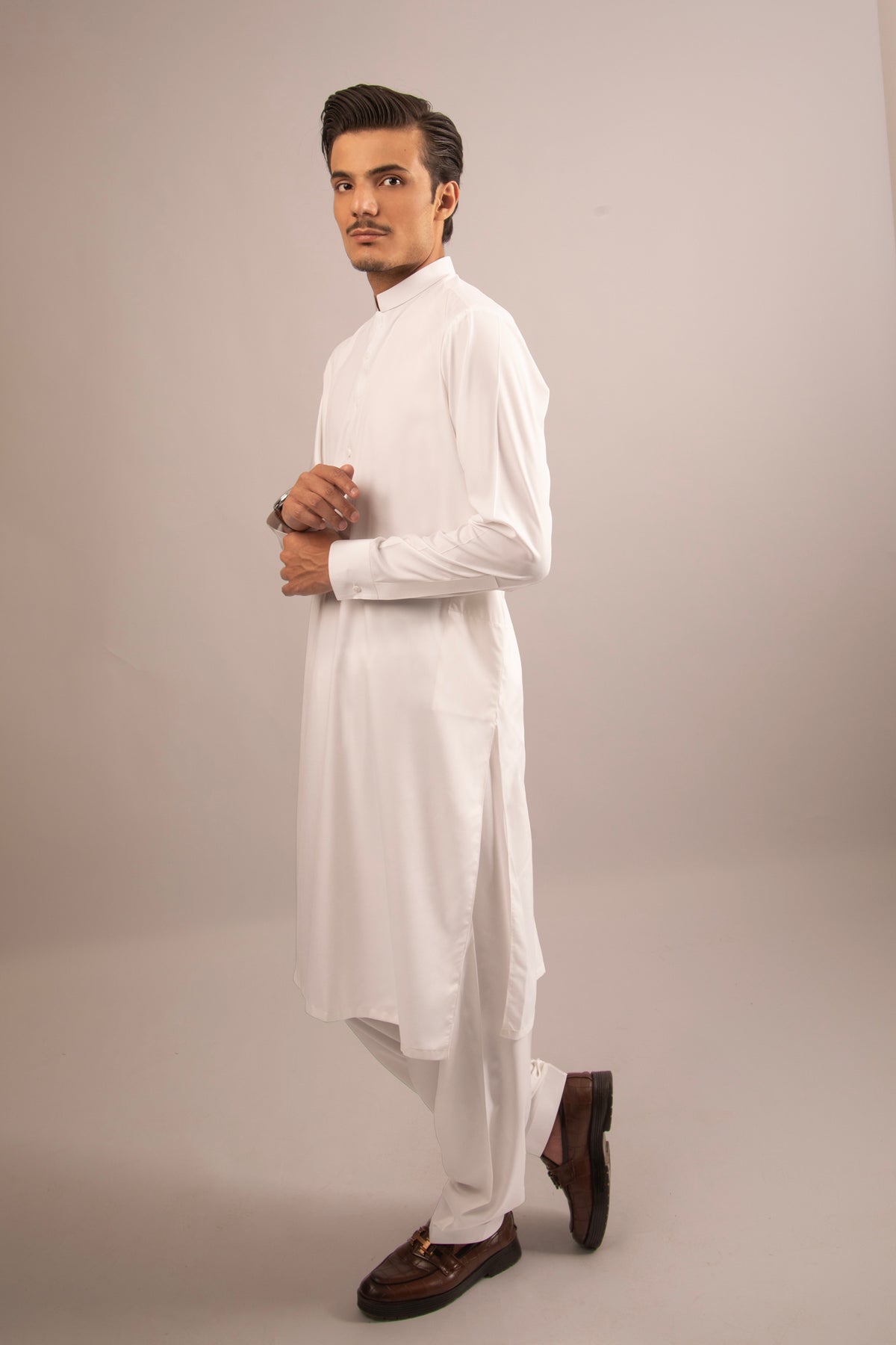 White Blended Shalwar Kameez with Patti Collar