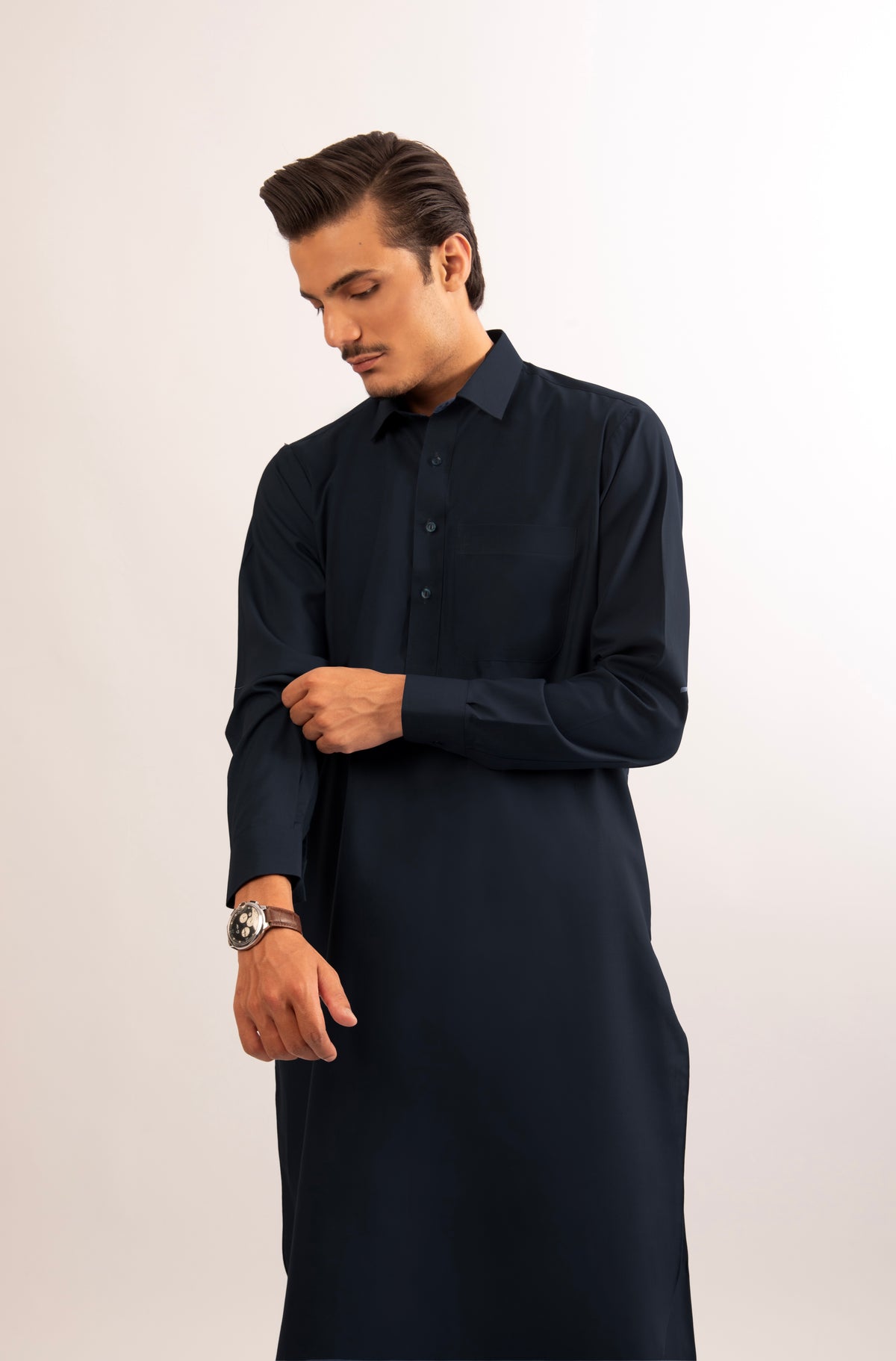 Deep Blue Blended Shalwar Kameez with Shirt Collar