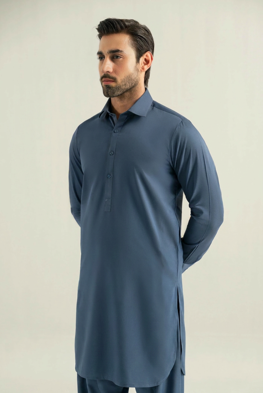 Sufi Blue Blended Shalwar Kameez