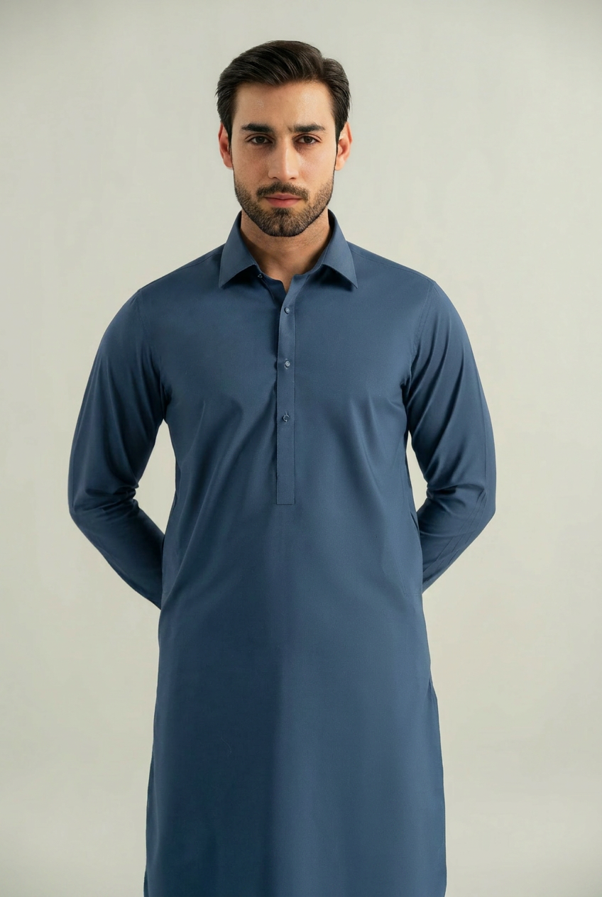 Sufi Blue Blended Shalwar Kameez